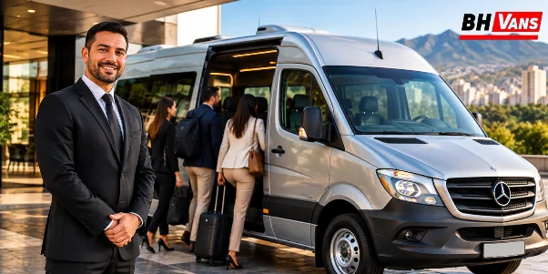 Motorista uniformizado da BH Vans ao lado de van executiva com passageiros embarcando com bagagens