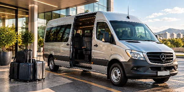 Van executiva da BH Vans com porta aberta e malas ao lado, pronta para transfer de aeroporto em Belo Horizonte